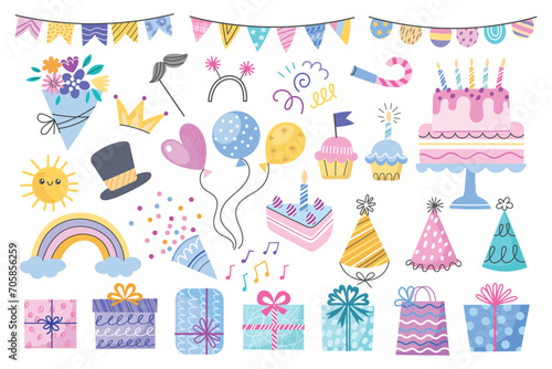 Birthday decorative elements. Different party objects, colorful holiday items, patterned wrapping paper, flowers, cake, garlands, vector set.eps