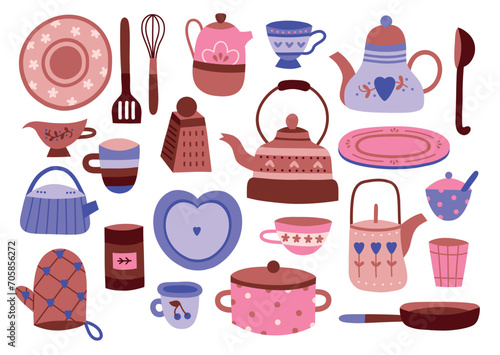 Ceramic tableware. Different decorative kitchen elements, pottery primitive design, rustic patterned kettles, pots, plates, cups, vector set.eps