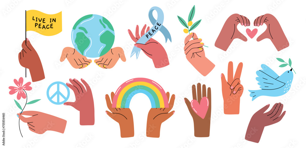 Human arms with signs. Peace and love symbols in hands, stop war concept, olive branch, rainbow and heart, cute stickers design, vector set.eps
