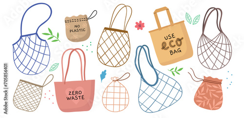Empty cotton ecologic bags and strings. Zero waste shoppers, mesh, paper and canvas packages, organic fabric reusable objects, vector set.eps