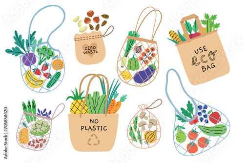 Differents cotton eco friendly bags. green lifestyle, zero waste reusable shoppers, fruits and vegetables in canvas bags, nets, vector set.eps