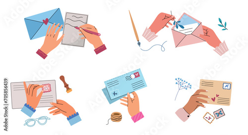 Human hands hold postal envelopes and letters. Woman arms write, glue stamps and put herbarium, handmade romantic paper messages, vector set.eps