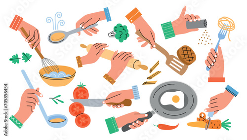 Human hands with kitchen accessories. Cooking process, food preparing, fried eggs in pan, whisk whites with whisk in bowl, vector set.eps