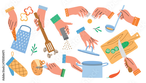 human arms hold kitchen accessories. Preparing food process, hands cutting vegetables on board, peeling potatoes, cooking time, vector set.eps