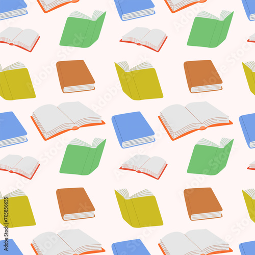 Books seamless pattern. Repeating print, texture with textbooks, books from different angles, open and closed for library, school decoration, packaging paper, fabric, background. Vector illustration