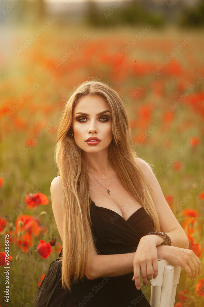 Beautiful brunette woman in a black dress with a bouquet of flowers in a poppy field Beautiful brunette woman in a black dress with a bouquet of flowers in a poppy field