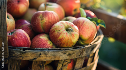 A wooden basket filled with a variety of apples, showcasing farm-fresh goodness, autumn harvest, and natural simplicity