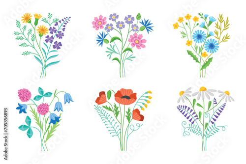 Beautiful field bouquets. Wild meadow flowers compositions, decorative blooming plants, daisies, bluebells, clover, cornflowers, vector set.eps