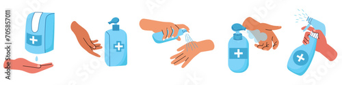 Hands disinfection process. Human arms hold sprays, bottles, containers with antibacterial liquids and gels, vector sanitization concept.eps