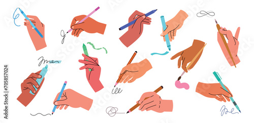 Human hands hold different writing materials. Cartoon arms with chemical, gel pens, leave scribbles, colored markers and pencils, vector set.eps