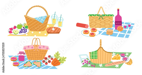 Wicker picnic baskets with food. Romantic or family lunch in nature, dishes, blanket, wine, sandwiches, fruit, outdoor breakfast, vector set.eps