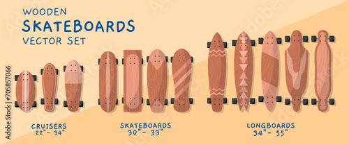 Wooden skateboards types. various shapes and lengths of boards, cartoon hobie objects, longboards decks with wheels top view, vector set.eps photo