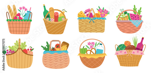 Wicker picnic baskets. panniers with different food, baguette, wine bottles, vegetables and fruits, romantic lunch in nature, vector set.eps