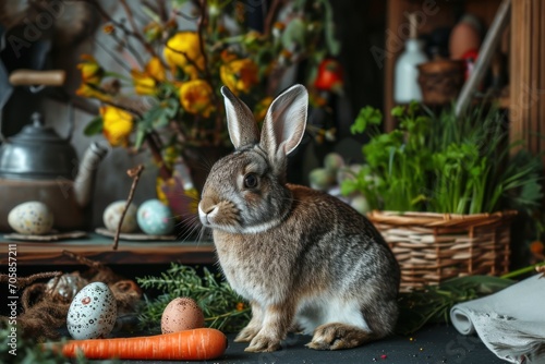 Easter composition with rabbit and Easter eggs