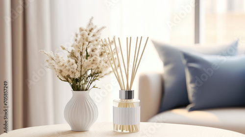 Aromatic reed air freshener and flowers on table photo