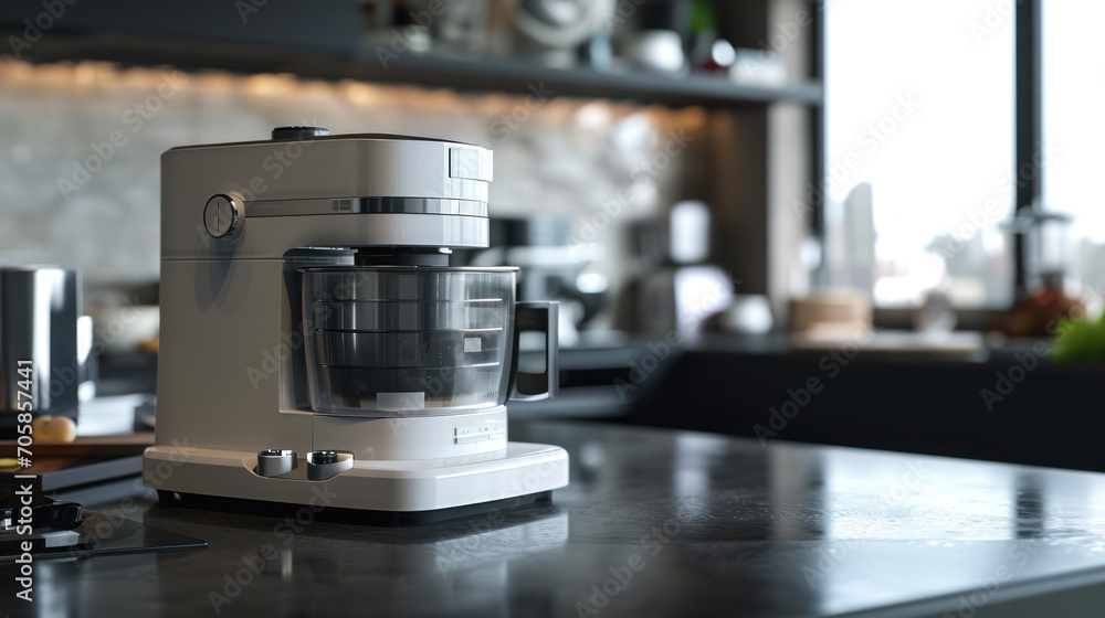 Fototapeta premium Modern food processor stands ready on sleek kitchen island.