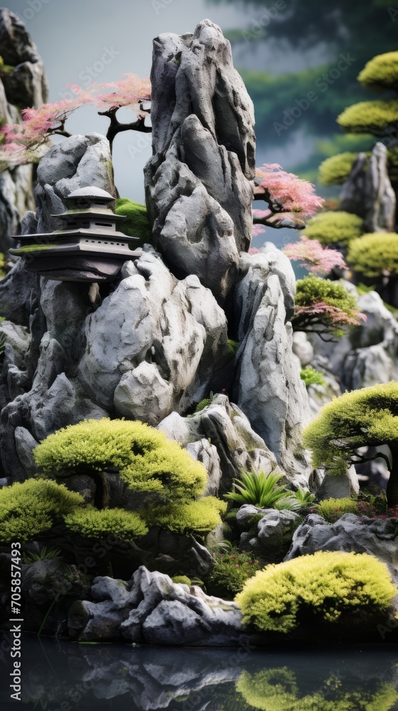 Japanese rock garden, beautiful zen green garden