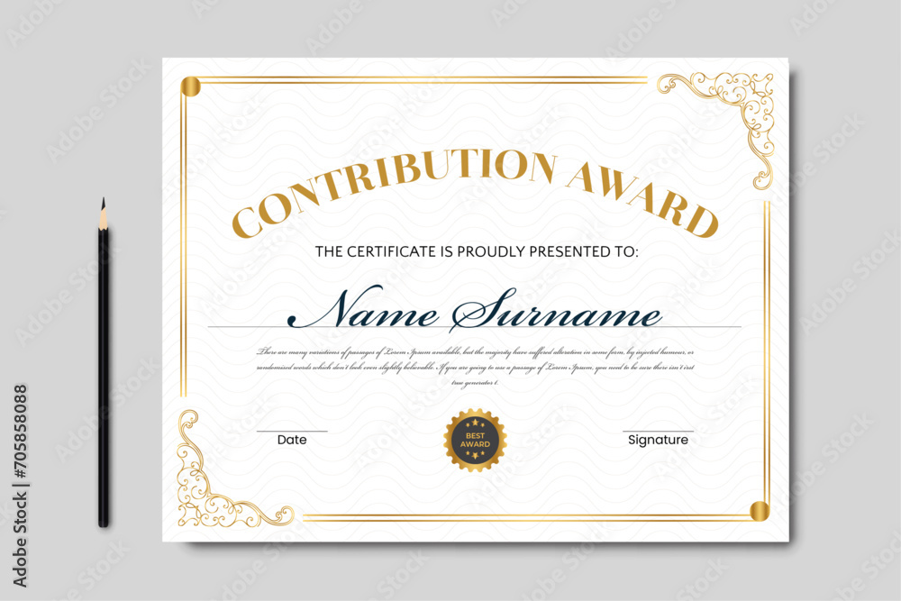 Certificate of achievement template set with gold badge and border. Award diploma design blank. Vector Business, Training Achievement Certificate Template