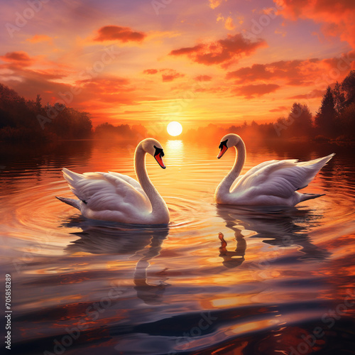 Two swans on the lake at sunset.
