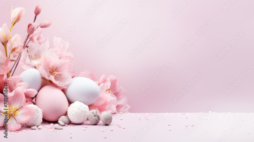 Easter delight: pastel decor, eggs, flowers, cakes, and bokeh lighting on pink background - top view border