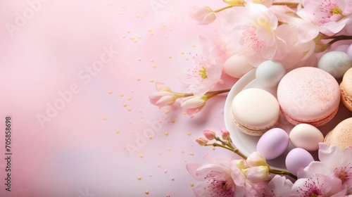 Easter delight: pastel decor, eggs, flowers, cakes, and bokeh lighting on pink background - top view border