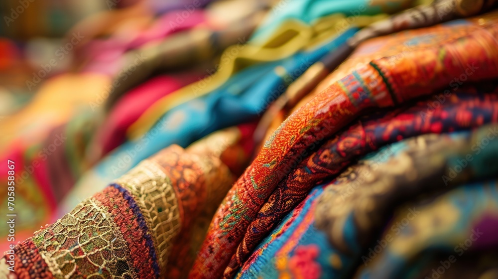 Vibrant array of fabrics with diverse textures and patterns suggests cultural richness.