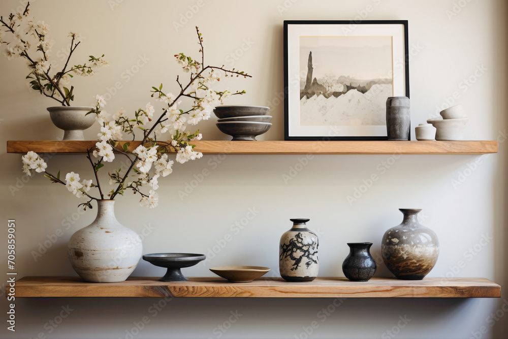 Explore the elegance of a shelf that hosts a small yet endearing collection of cute items. Embrace the simplicity and visual appeal of this carefully curated arrangement in a cozy corner.