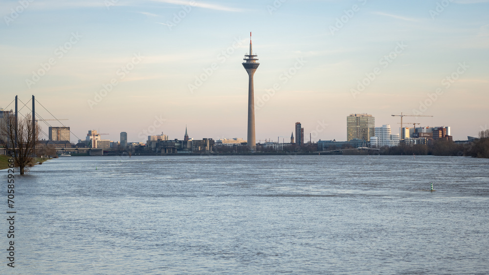 Düsseldorf Skyline with Rhine in the front while the flood