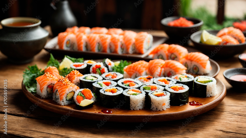 Japanese cuisine, beautiful sushi dish of tuna, seaweed, shrimp, lobster, sea fish, AI generated Japanese cuisine, beautiful sushi dish of tuna, seaweed, shrimp, lobster, sea fish, AI generated