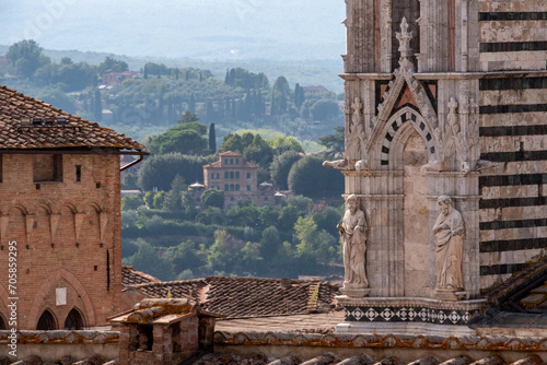 Facade decoration at the portal of the Siena cathedral, seen from the Facciatone panoramic viewpoint