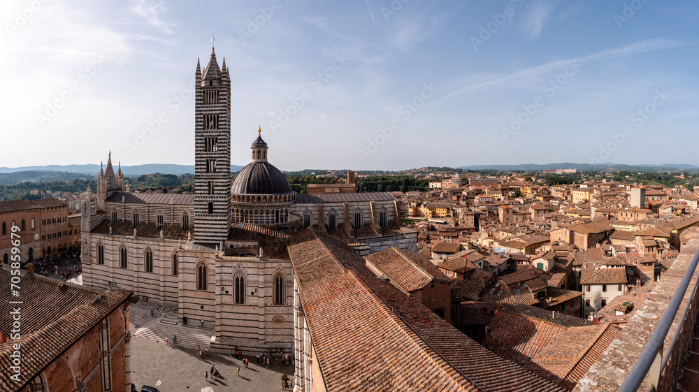 The Siena cathedral and its cupola, seen from the Facciatone panoramic viewpoint