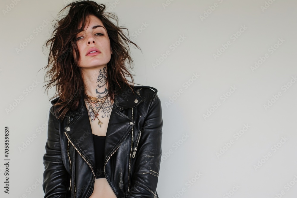 Rock and roll portrait of an American woman, edgy and cool, white background Rock and roll portrait of an American woman, edgy and cool, white background
