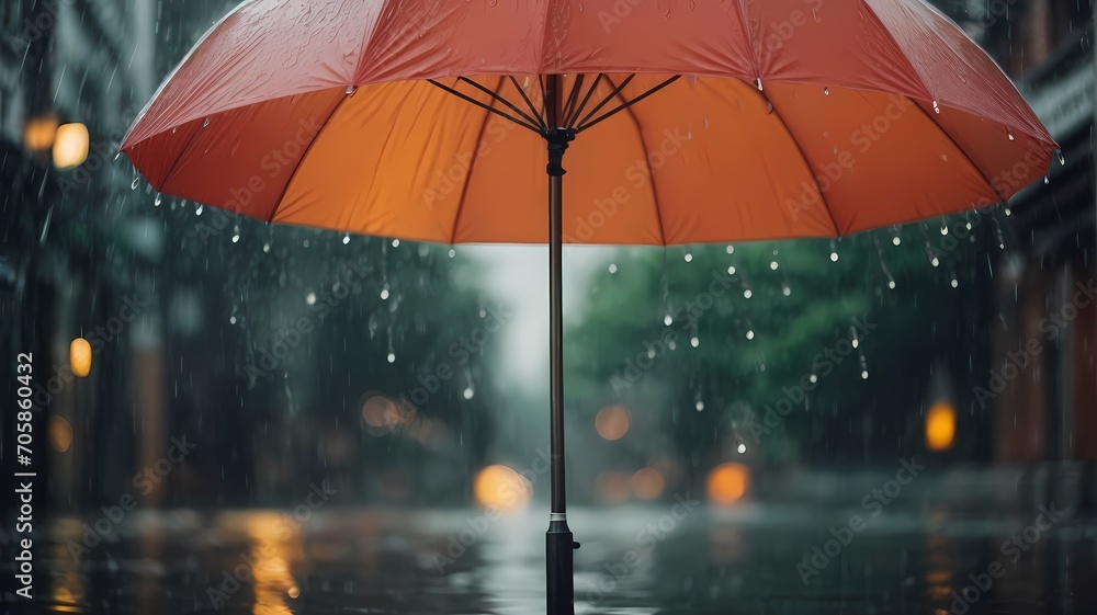 orange umbrella rainy day in the rain