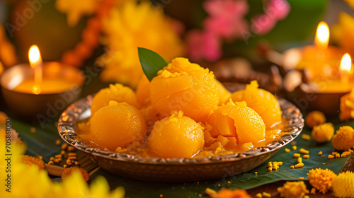 Gudi Padwa Alphonso Mango Delight: A delectable presentation of Alphonso mangoes, a seasonal delight, as part of the Gudi Padwa festivities