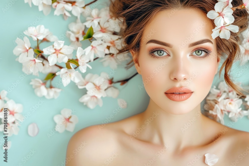 beautiful young woman - spring sale banner with copyspace