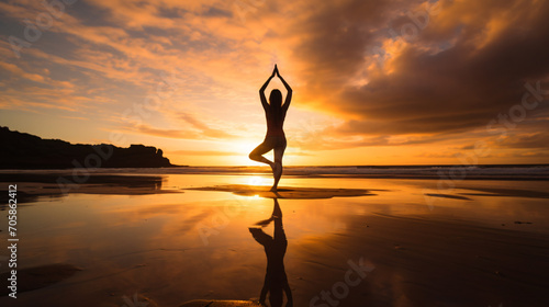 A sunset yoga session on a serene beach a blend of tranquility and adventure.