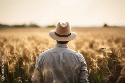 Serene moment in the golden wheat field, farmer contemplating the harvest © Daniel Jędzura