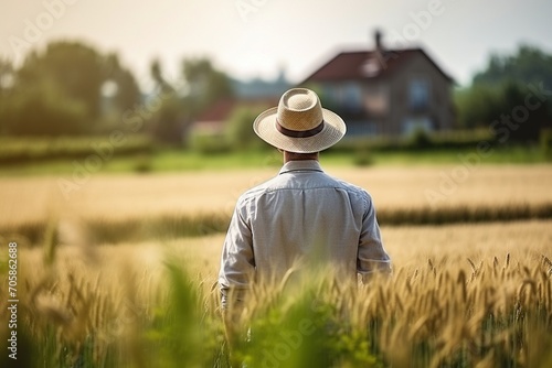 Serene moment in the golden wheat field, farmer contemplating the harvest