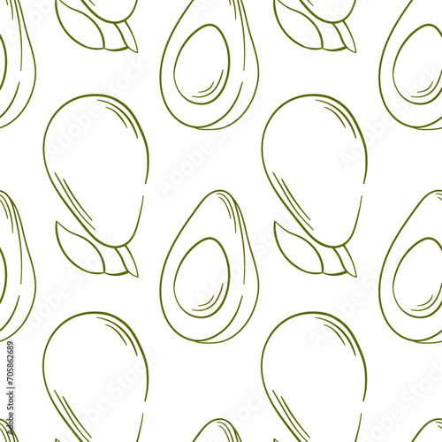 Avocado seamless pattern in line art style. Design for textile, package, wrapping paper. Vector illustration on a white background.