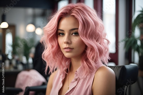 Beautiful hairstyle of a young gorgeous woman with pink hair in a hair salon  after getting a new haircut  and hair dyes.