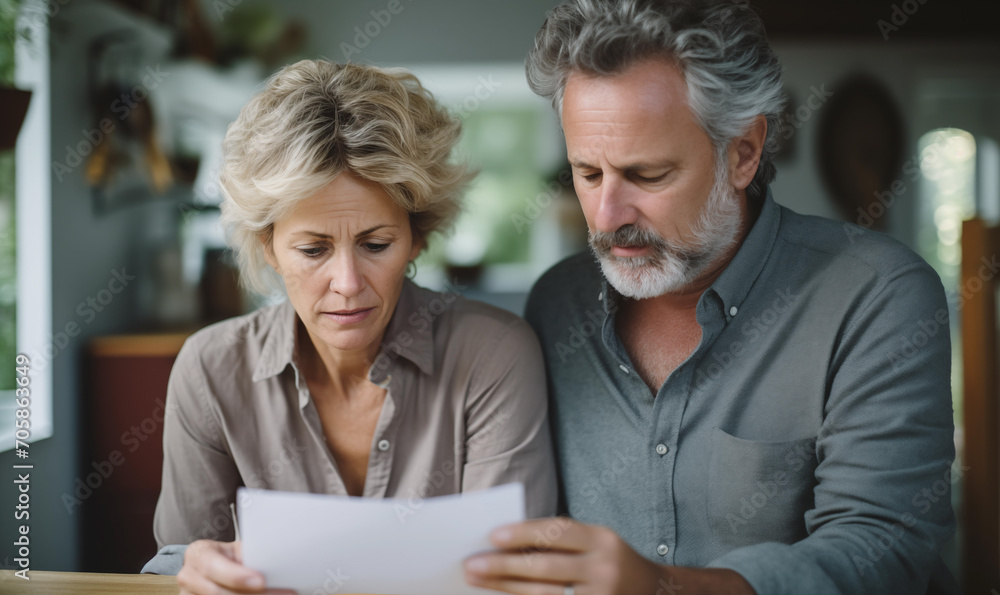 Mature Couple Man and Woman Worried Reading Letter - obrazy, fototapety, plakaty 