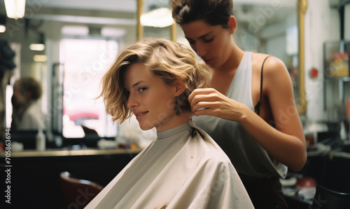 Woman at Hairdresser Salon Having Hair Cut Concept photo