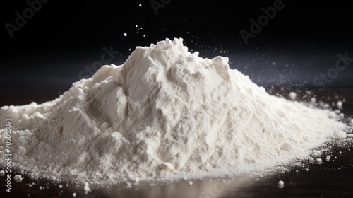 close-up of a pile of flour on a black background, highlighting the simplicity of this essential ingredient in culinary scenes.