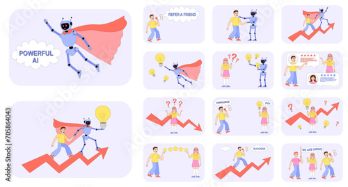 Human and robot are climbing to the top, finding solution, creating idea together. Concept of cooperation, partnership, sucess in business. Artificial intelligence. Refer a friend. Customer feedback. 
