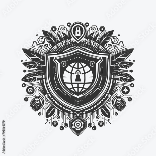 Cyber Security Vector line icon black or white logo, Protection Sign, Shield Protect logo designs