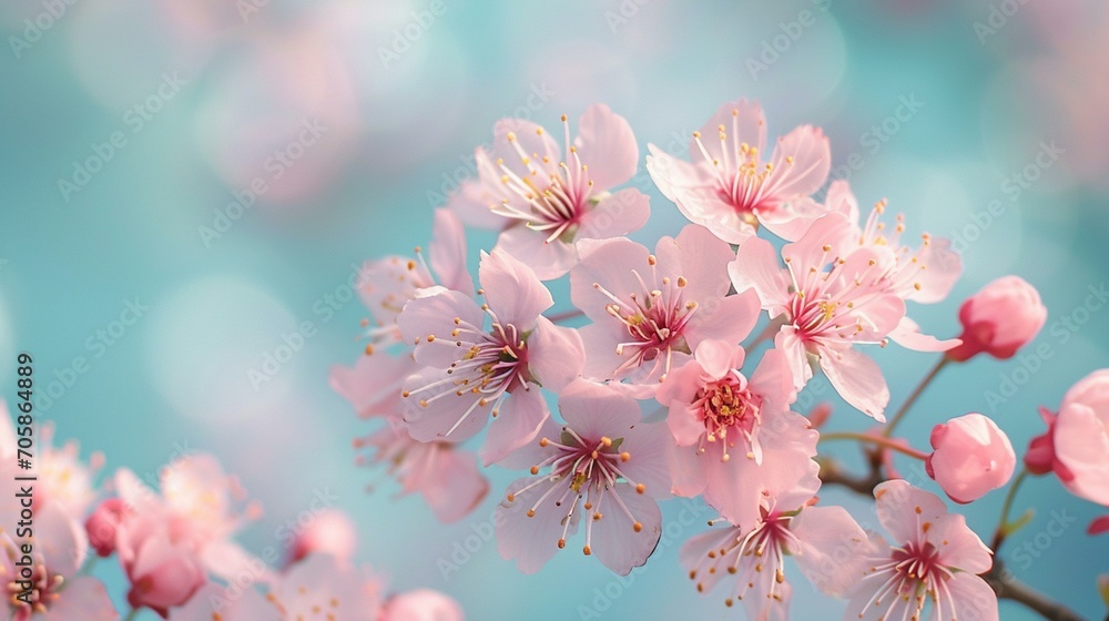 High-key photograph of delicate cherry blossoms against a pale blue sky, offering a serene and nature-inspired background for the designer's banner work. [Cherry blossom serenity]