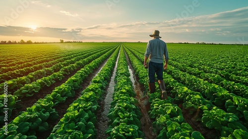 A farmer using a modern irrigation system to efficiently water crops in a large agricultural field. [Efficient irrigation]