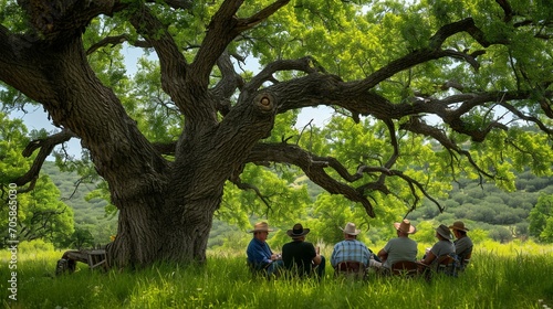 A group of farmers discussing crop management strategies in the shade of a large, leafy tree. [Farmers' meeting]