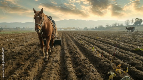 A farmer leading a horse-drawn plow through a field, showcasing traditional and sustainable farming methods. [Horse-drawn plowing] photo