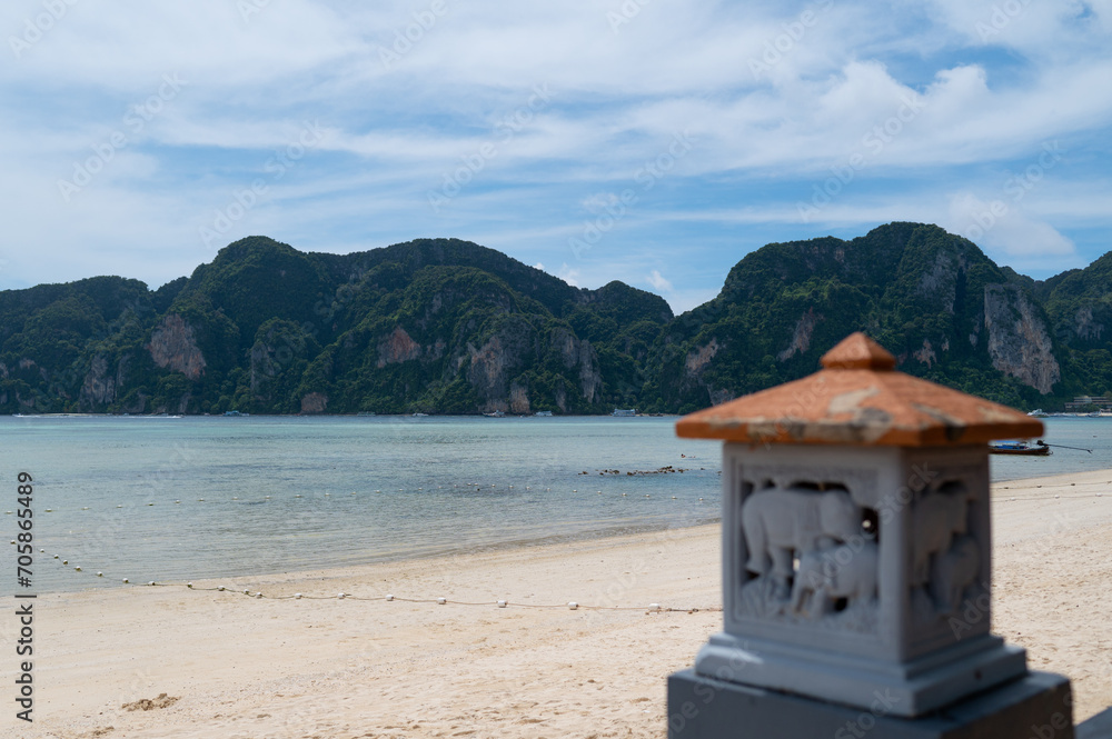 View from the sea in Thailand island. Sea front view in Phi-Phi islands. Travel to Thailand, vacation. Asia